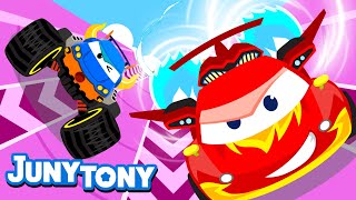 Race Cars  Vehicle Songs for Kids  Monster Trucks  Preschool Songs  JunyTony [upl. by Esinrahs59]