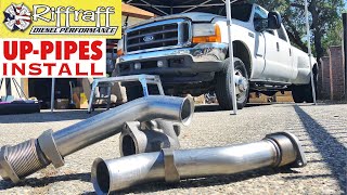 2001 F350 73  RiffRaff UpPipes Install  Stock up pipes leaking and falling apart JUNK SP [upl. by Soloma]